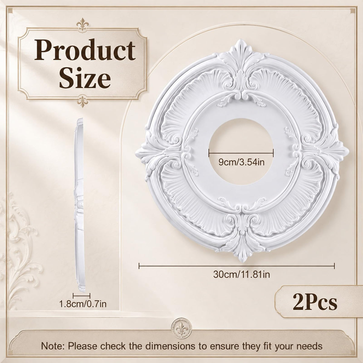 2 Pcs PU Ceiling Medallion Decorative Round Home Lighting