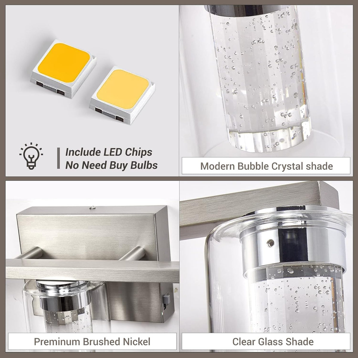 Bathroom Light Fixtures, 3 Light Brushed Nickel Bathroom Vanity Light over Mirror, 3 Color LED lights with Crystal