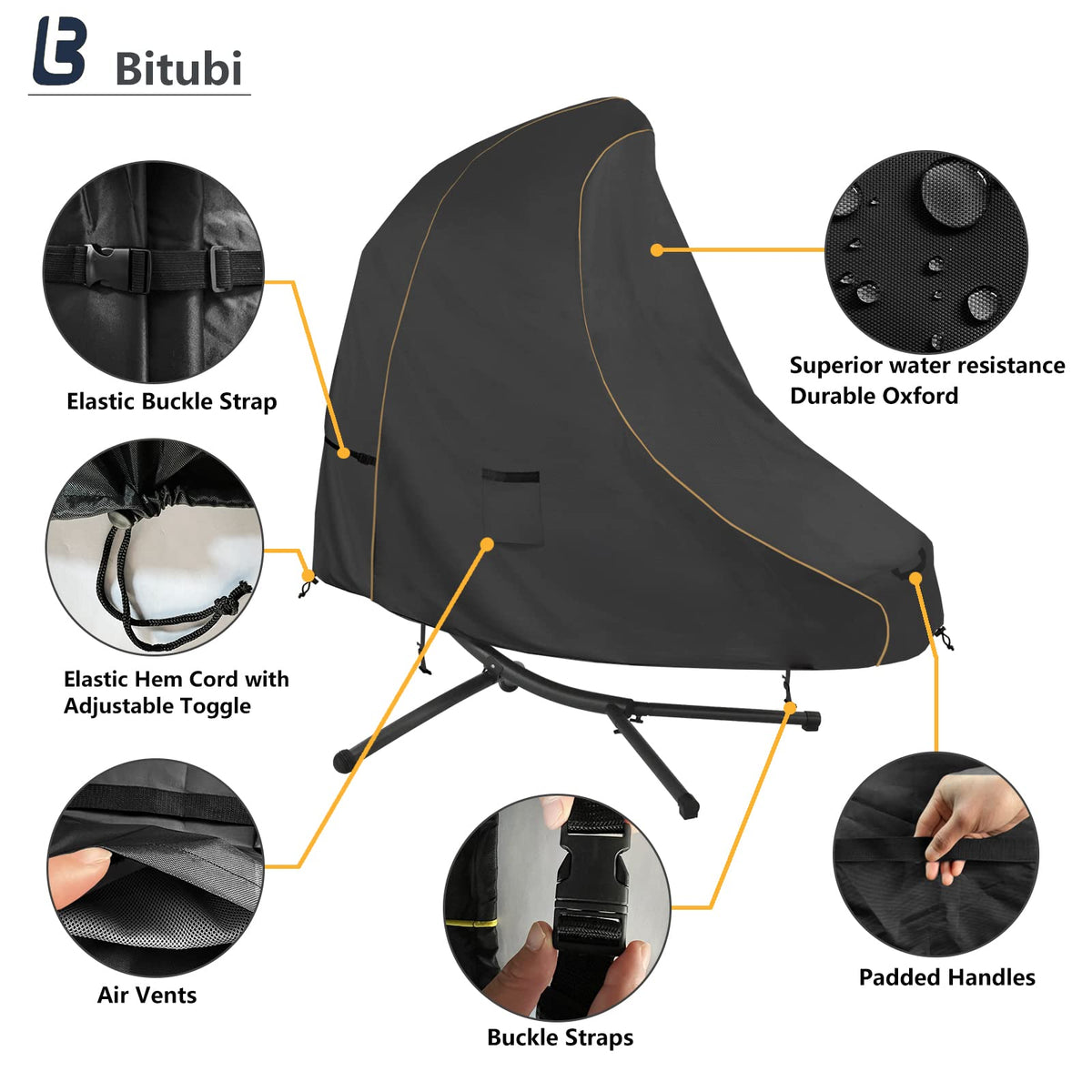 73 Inch Patio Hanging Chaise Lounge Cover - Classic Black 600D Tough Canvas Heavy Duty Waterproof Outdoor Curved