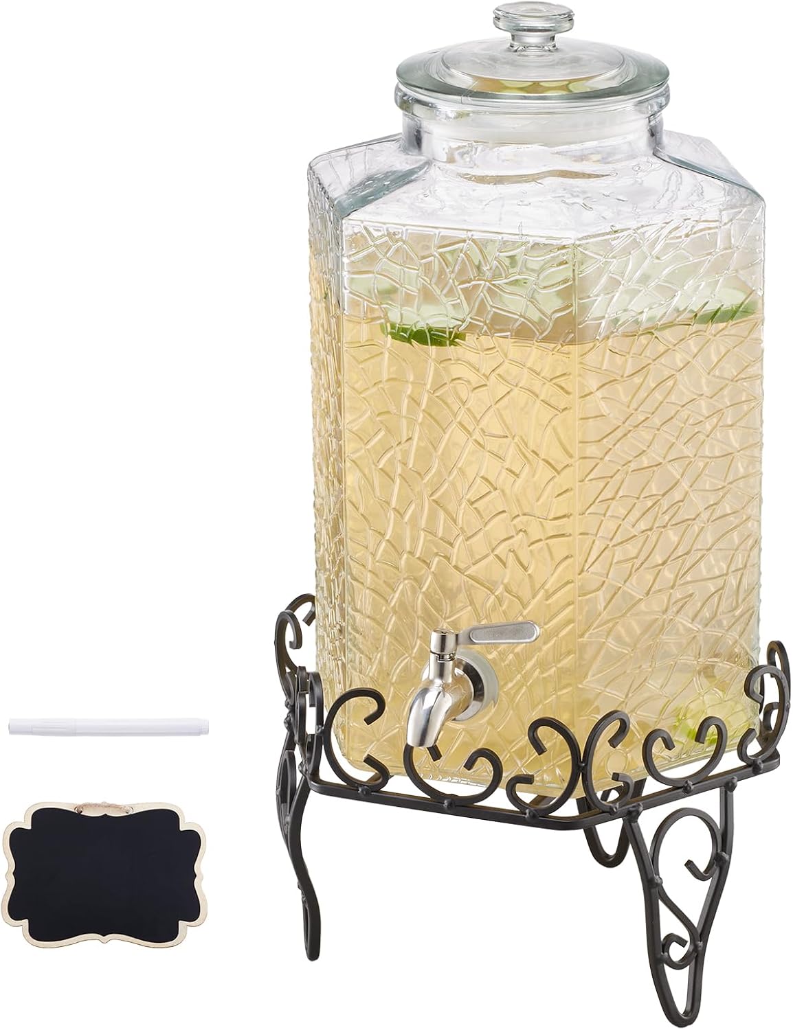 Beverage Dispenser, 2.5 Gallon Drink Dispensers for Parties, Glass Juice Dispenser with Metal Stand, Stainless Steel