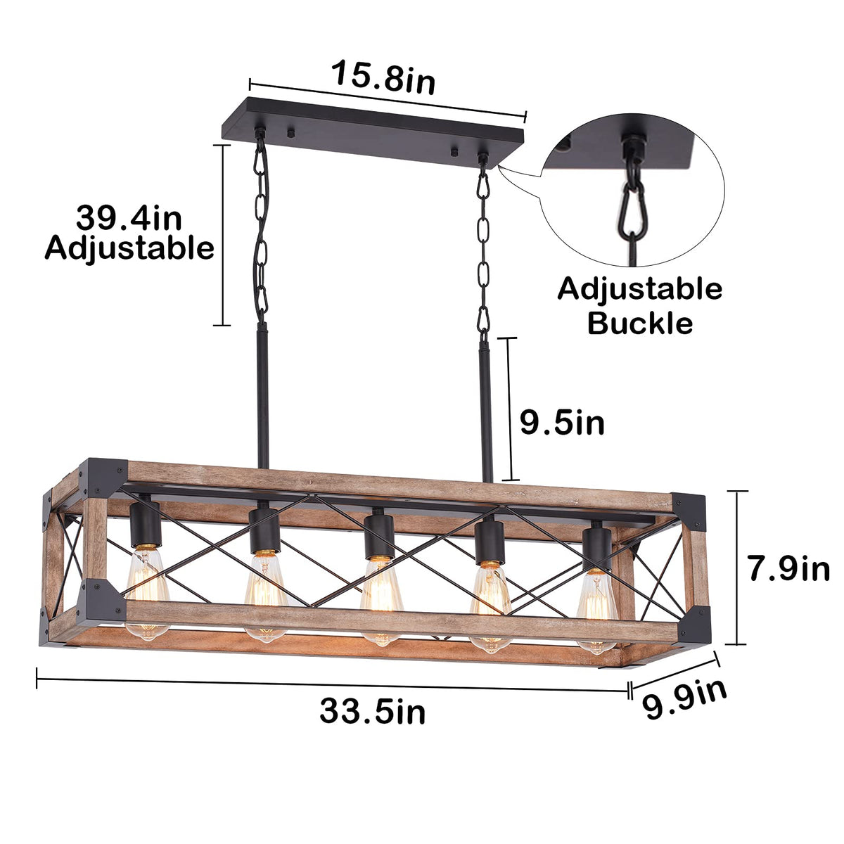 Kitchen Island Lighting, 33.5-Inch 5 Lights Farmhouse Linear Chandelier Pool Table Pendant Light Fixture, Rustic Wood