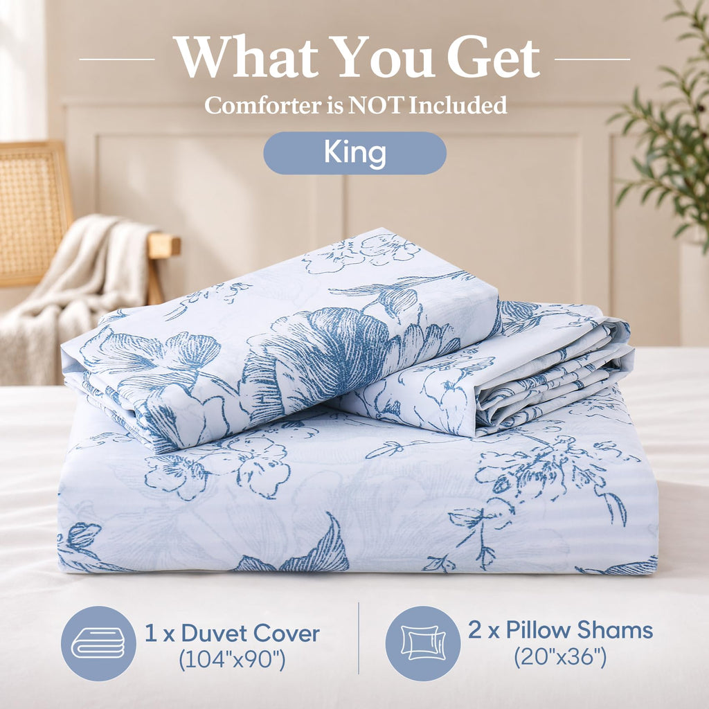Blue Floral 100% Cotton Duvet Cover, Farmhouse Comforter Cover