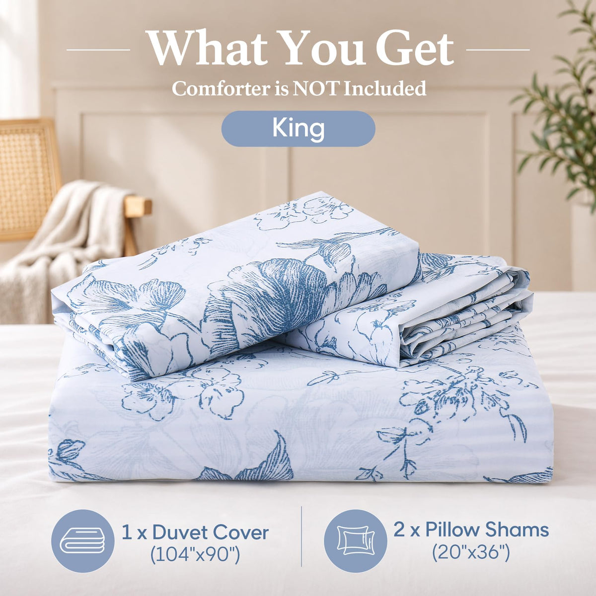 Blue Floral 100% Cotton Duvet Cover, Farmhouse Comforter Cover