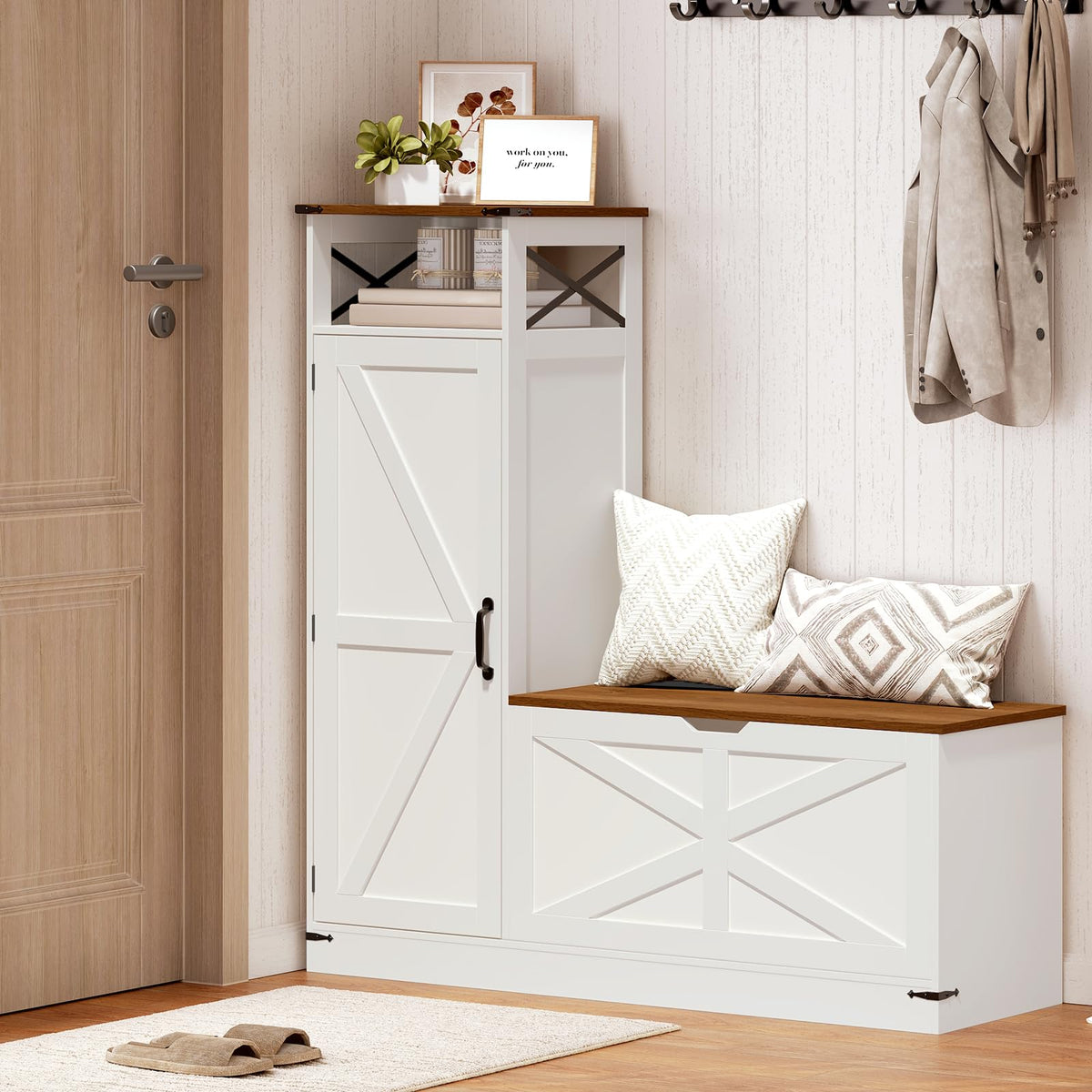Shoe Cabinet with Bench, L-Shaped Shoe Bench, Storage Bench, Farmhouse Shoe Storage Cabinet with Adjustable Shelves