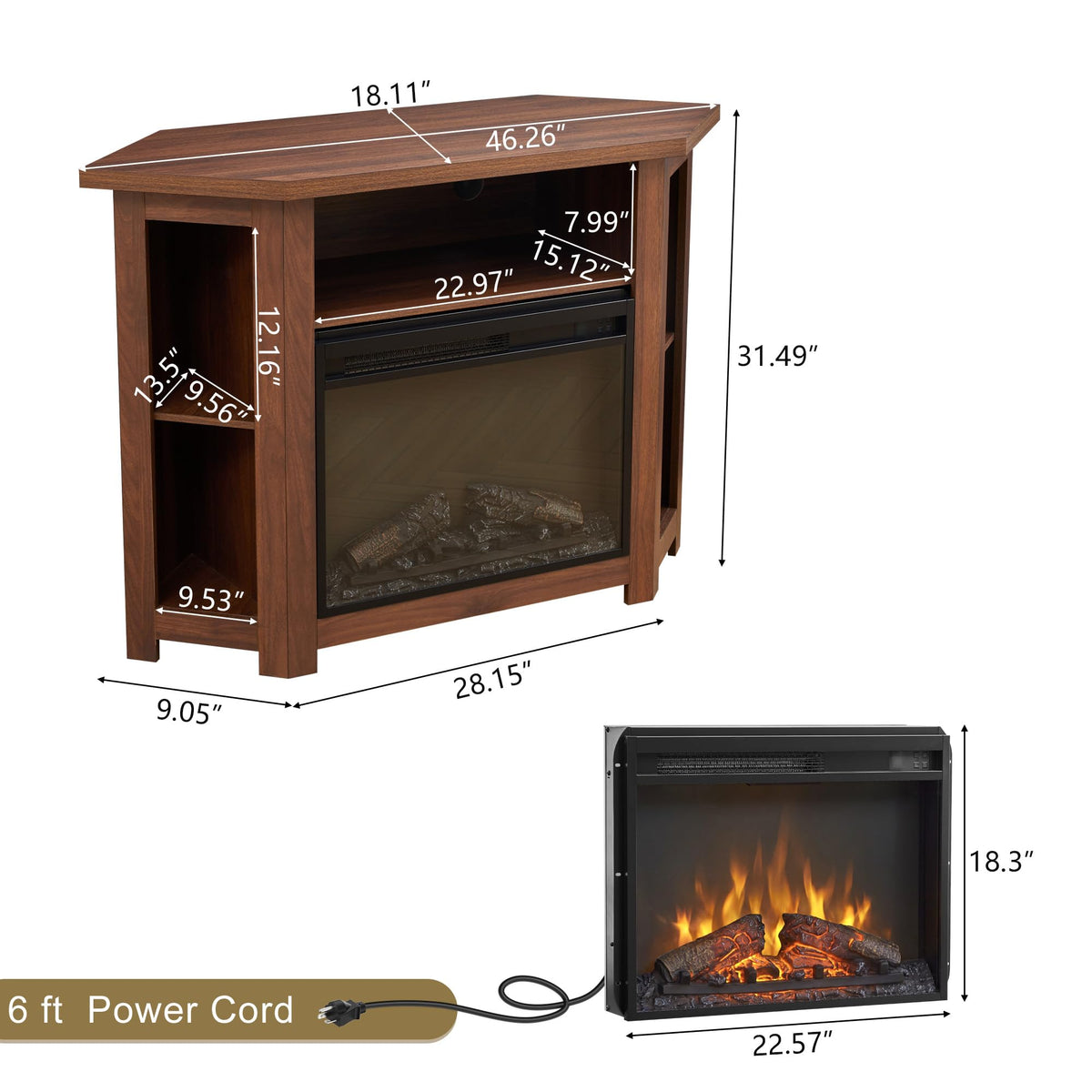 Corner Fireplace TV Stand, TVs up to 50", 44" Electric Fireplace (Walnut)