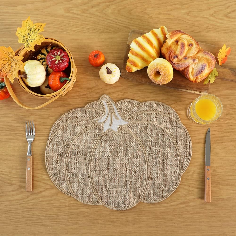 Fall Placemats Set of 4 - Pumpkin Placemats for Thanksgiving Halloween Natural Color, Polyester Harvest Placemats for