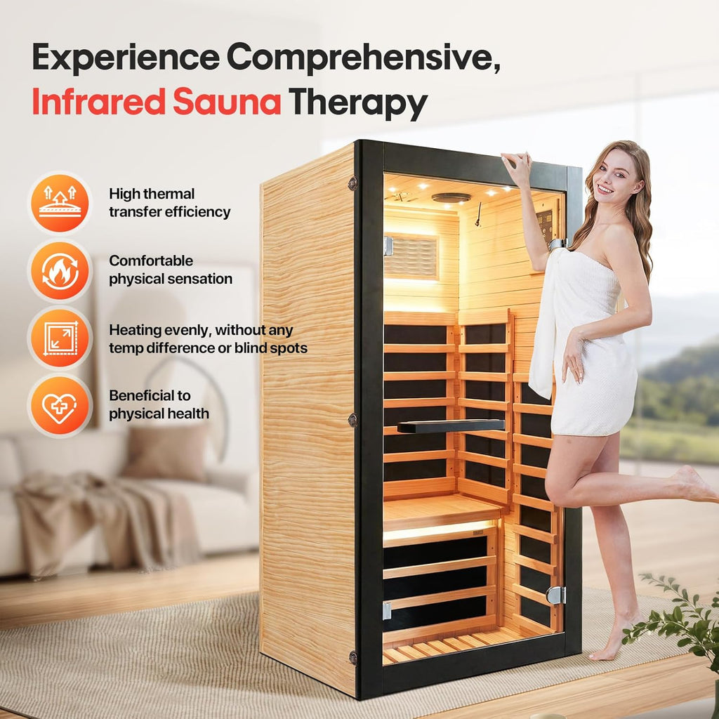 Sauna One Person Infrared Saunas Room Chilean Pine Wood 1050W Dry Saunas Spa with 7 Color Starry Sky Light Oxygen Bar