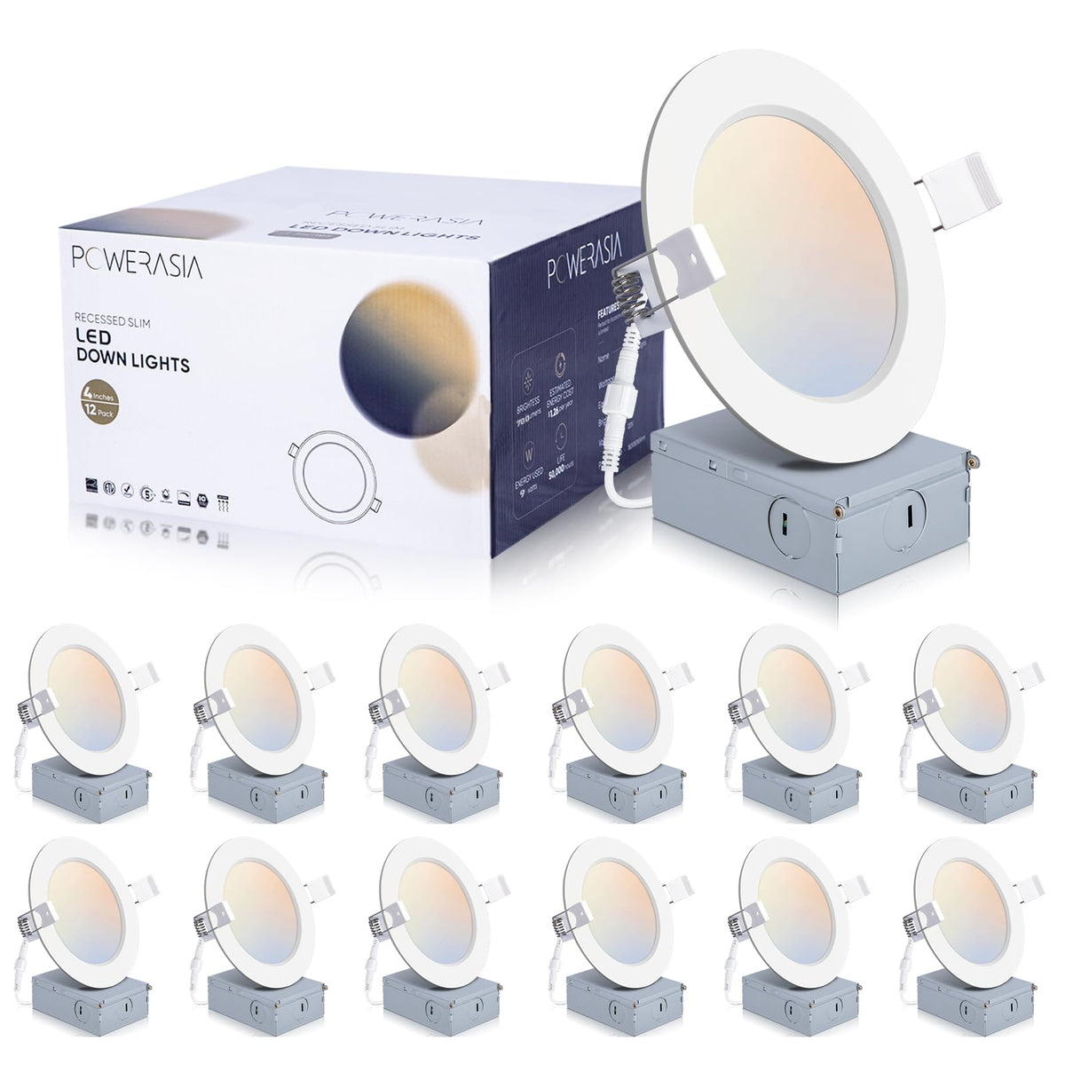 12 Pack 4 Inch LED Recessed Lighting, 5CCT Canless Wafer, White