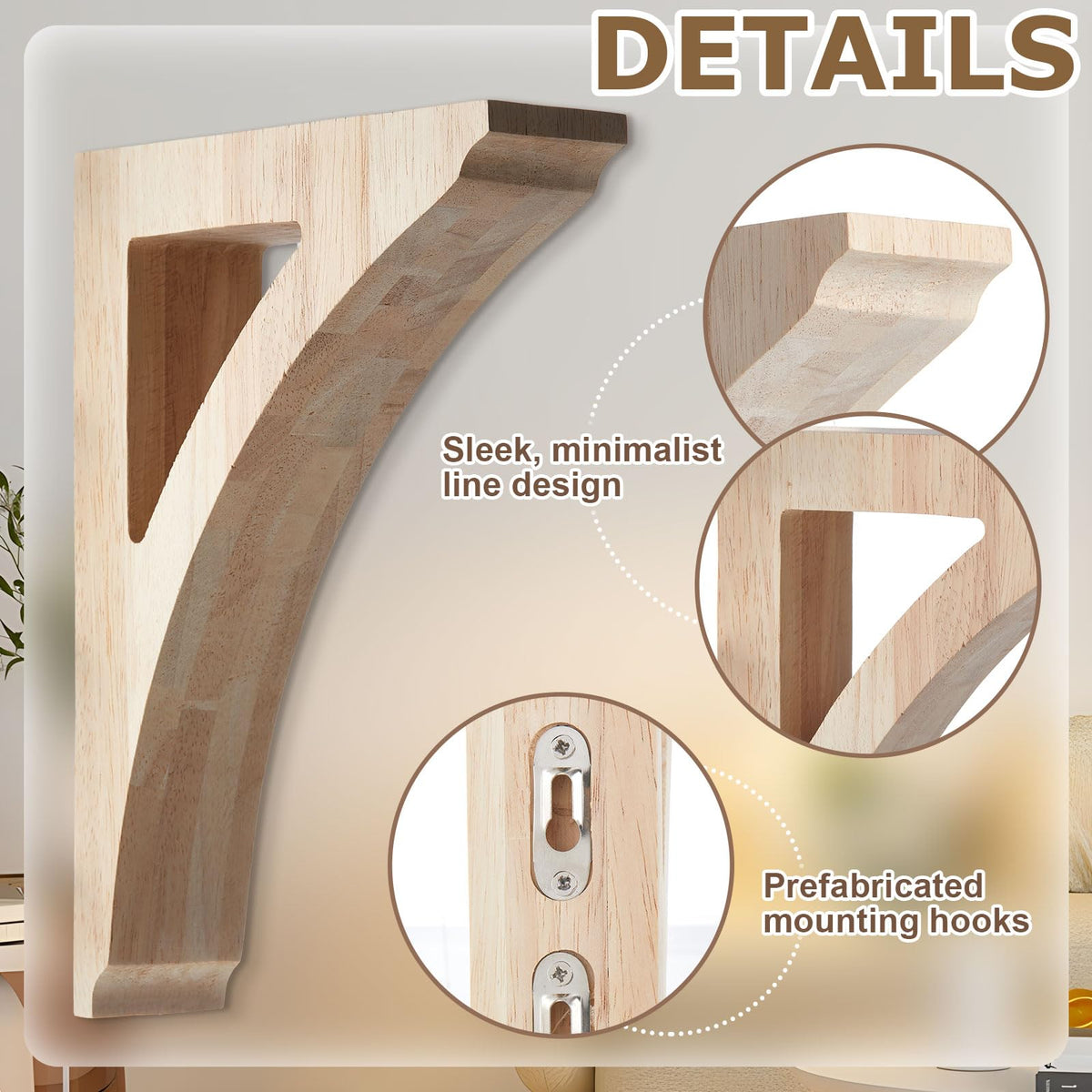 2 Pcs Wood Corbels, 1-3/4" x 8-1/2" x 12" Wooden Shelf Brackets