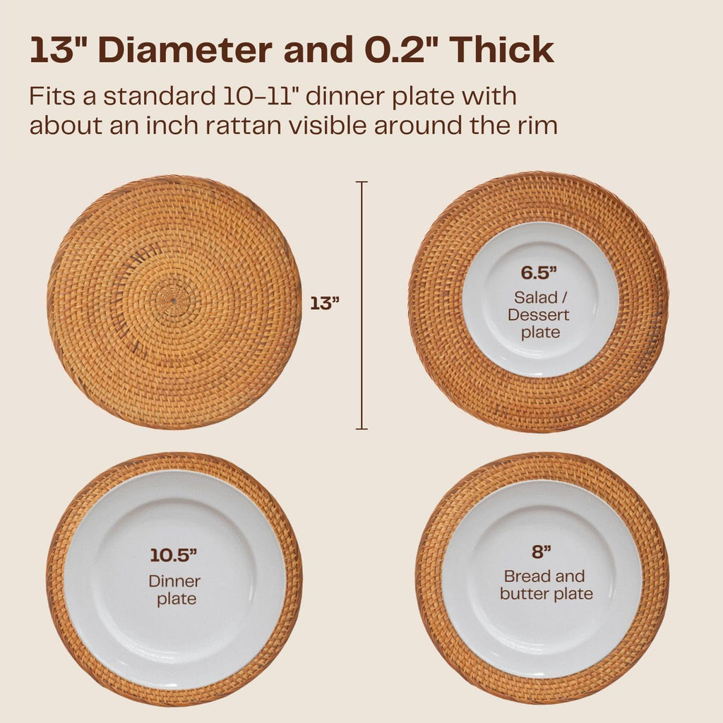 6-Pack Rattan Placemats - 13-inch Round Placemats (Smoky Brown) - Smoked-Cured Woven Place Mats, Round Table Mats