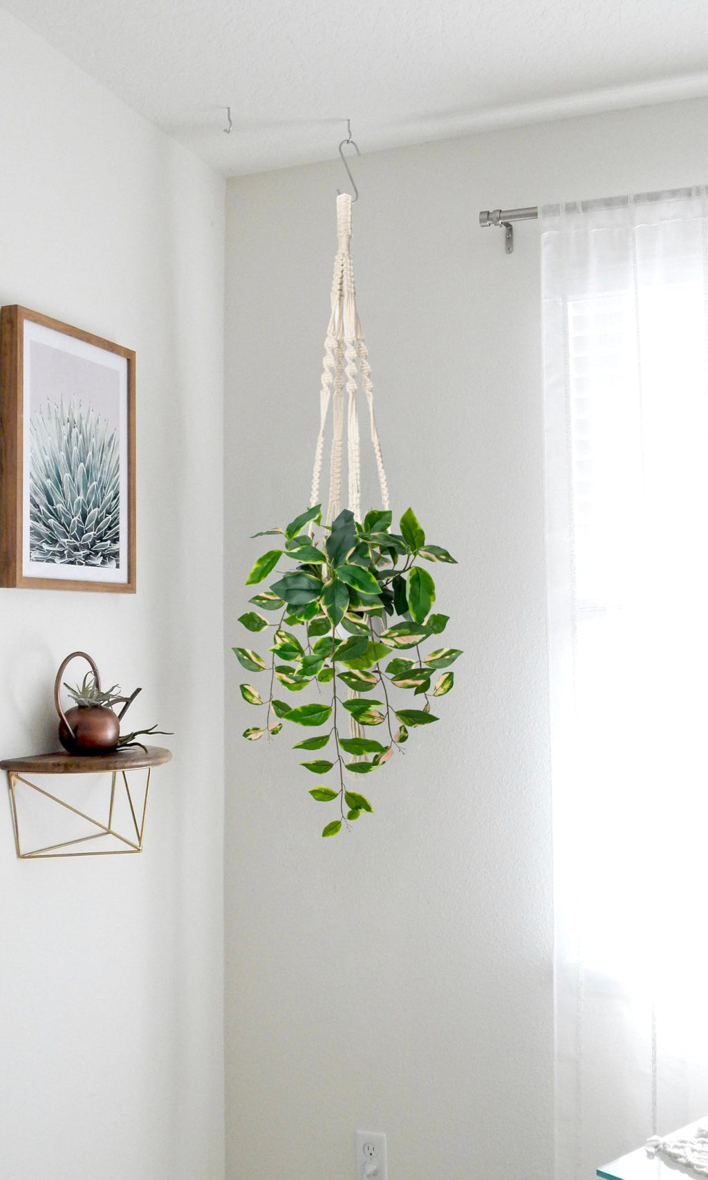 Artificial Hanging Plant Indoor, Macrame Plant Hanger with Fake Pothos Plant in White Pot, Faux Hanging Plant Ceiling