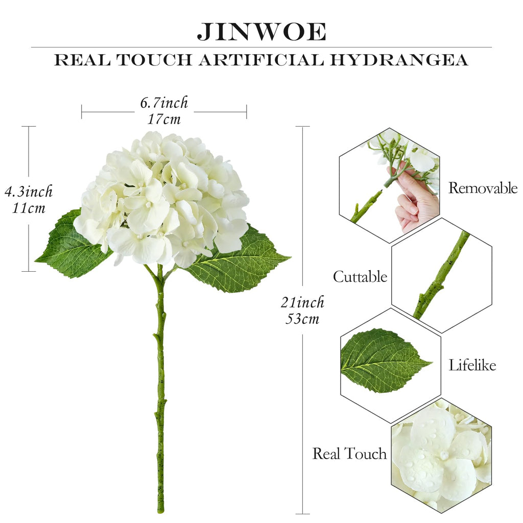 Real Touch Faux Hydrangea Flowers, 4Pcs 21" Off White Fake Hydrangeas Flower with Stems for Wedding Bouquets