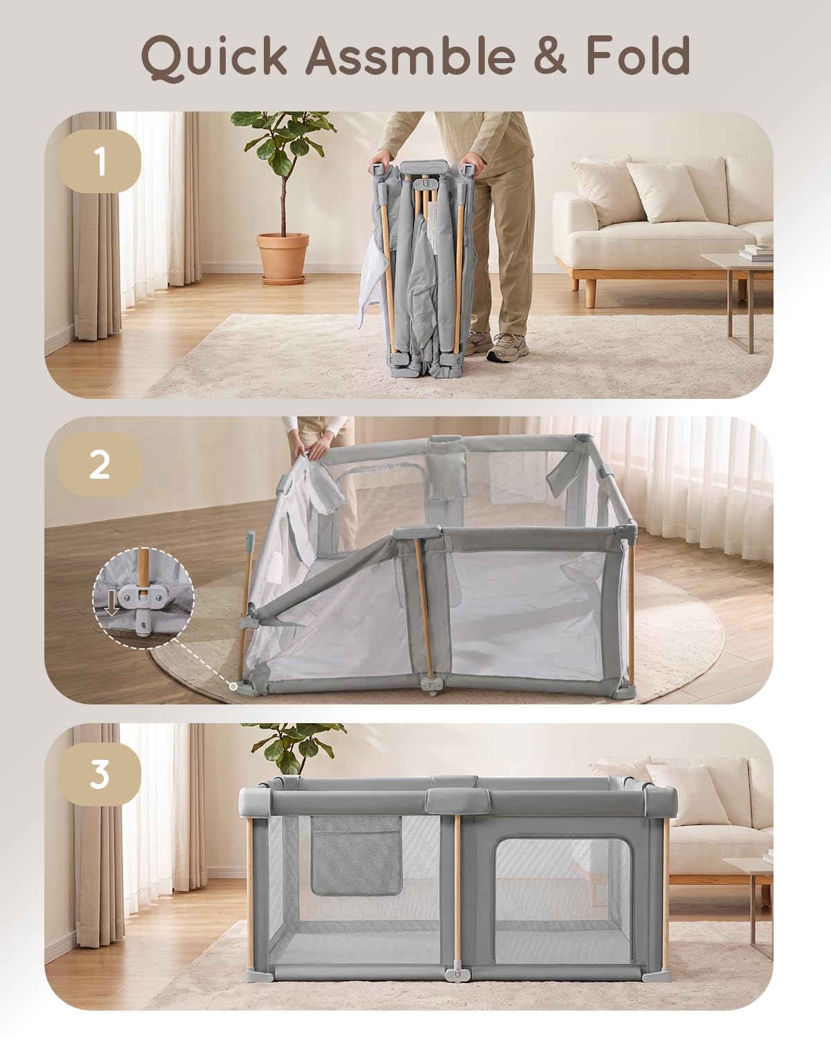 Foldable Baby Playpen, 59 x 59 Collapsible Play Pen for Babies 6-12 Months