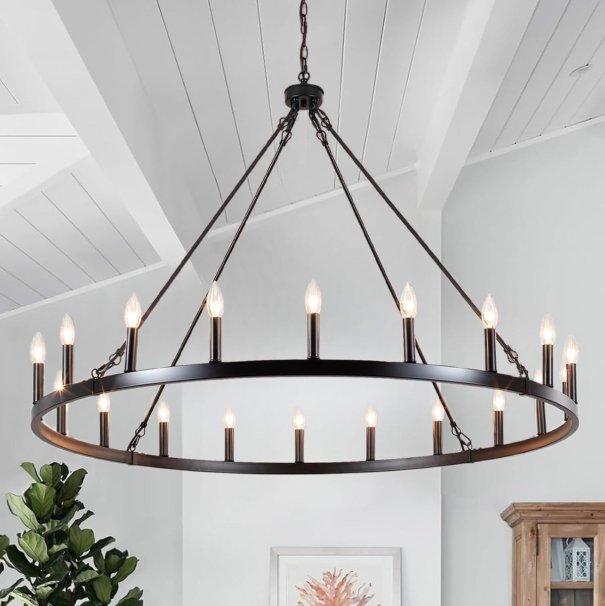 47.2-Inch Black Wagon-Wheel Chandelier, Rustic Ring Light for Dining Tables