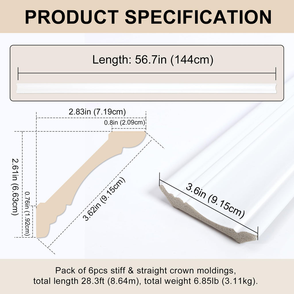 6 Pack Ceiling Crown Molding Trim Decor, 56.7" Long x 3.6" Face