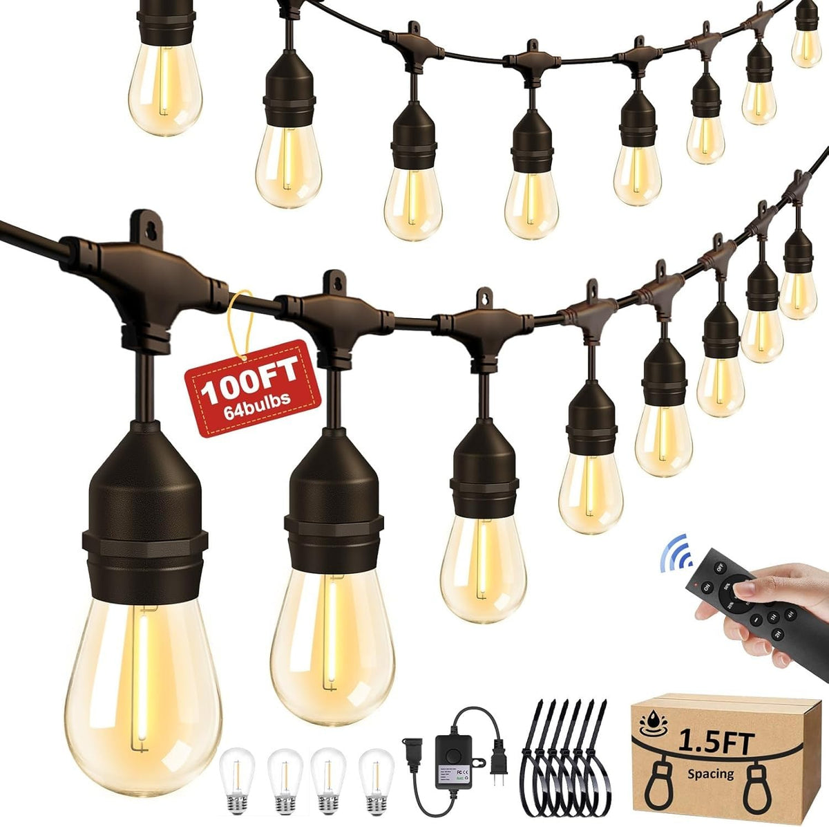 Outdoor String Light 64Bulbs (1.5FT Bulbs Spacing), 120W Dimmer Remote