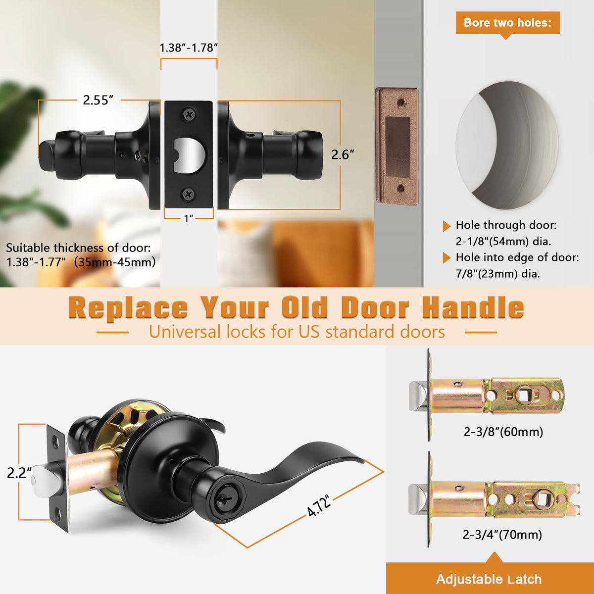 Keyed Alike Black Door Handle, Wave Style Entry Door Handles, Door Levers Lockset for Interior and Exterior Doors, 5