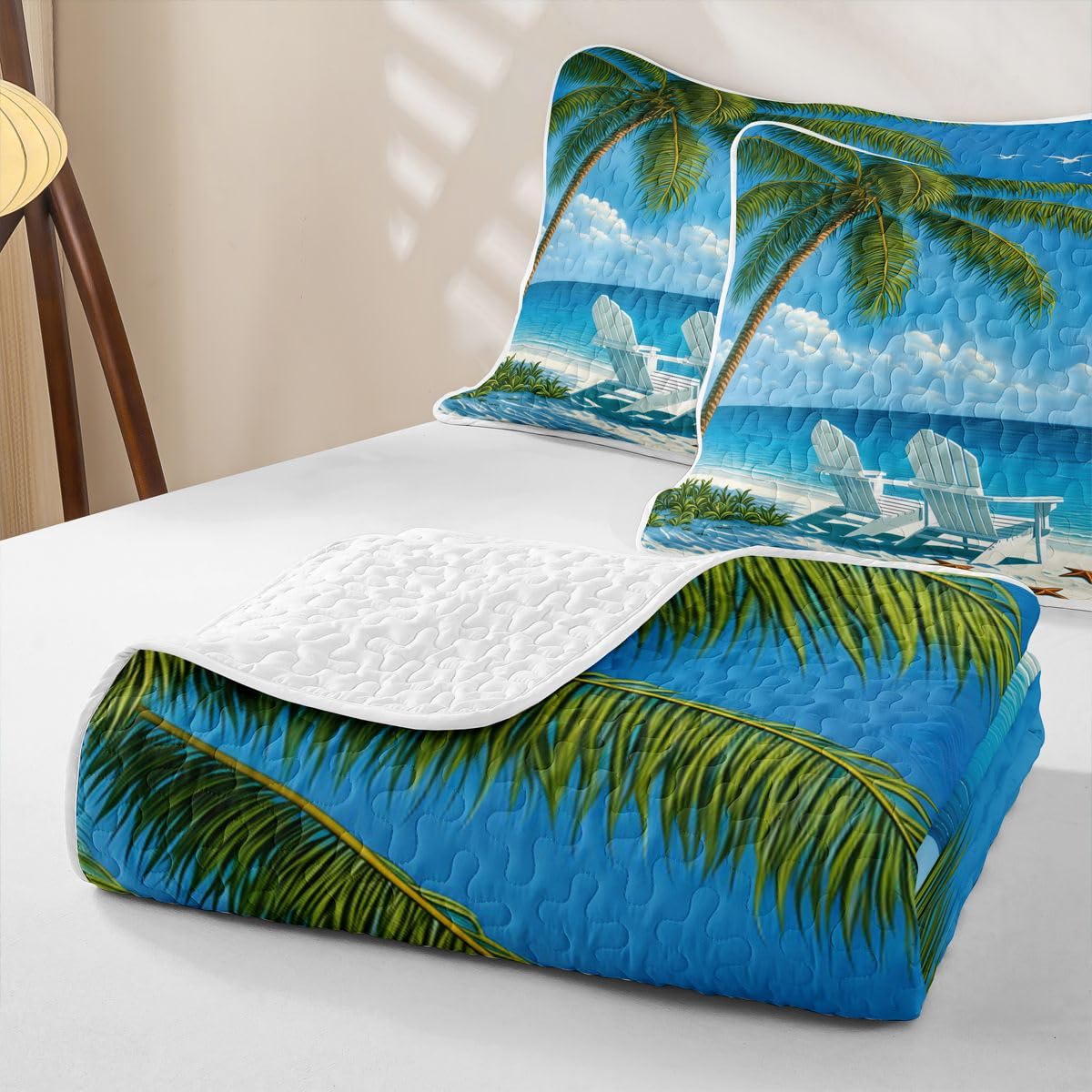 Beach Quilted Bedspread, Sunny Beach Palm Tree Starfish Quilt Bedding Set 3 Pieces, Tropical Coastal Ocean