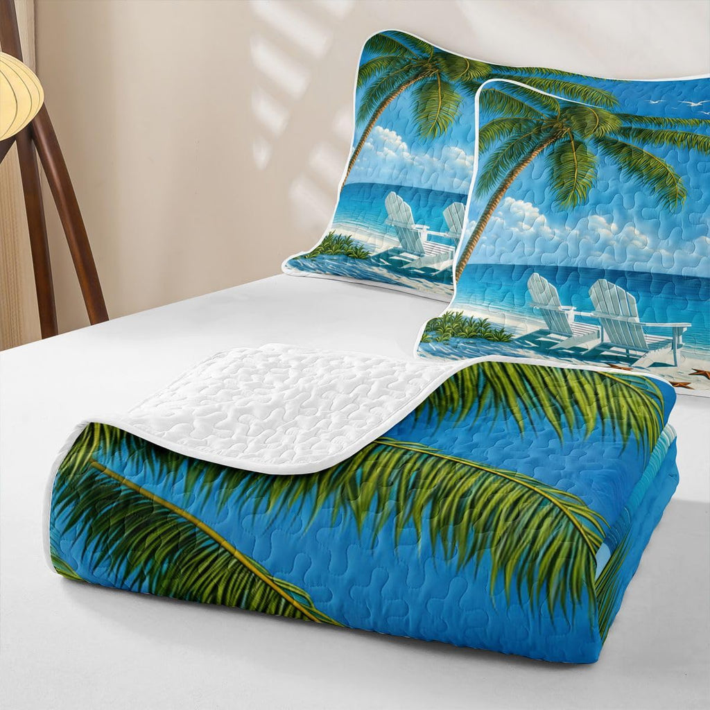 Beach Quilted Bedspread, Sunny Beach Palm Tree Starfish Quilt Bedding Set 3 Pieces, Tropical Coastal Ocean