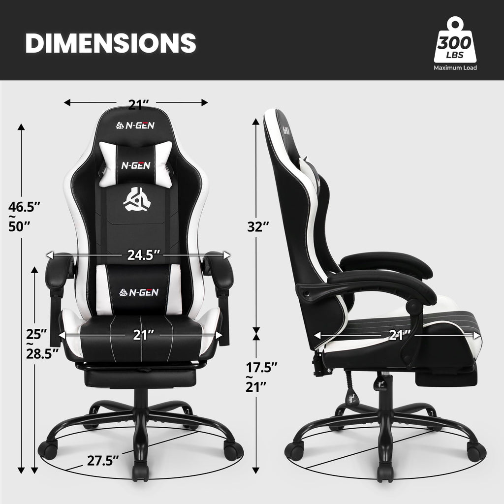 Gaming Chair, Footrest, Lumbar, High-Back, White Black