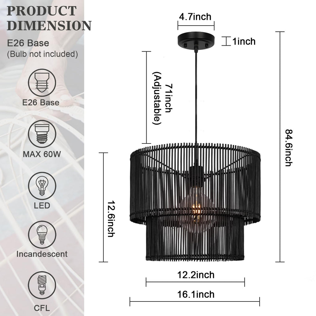Woven Rattan Pendant Lamp, 16 Inch Large Natural Simple Hand Weaved Coastal Beach Black Rope Hanging Pendant Light
