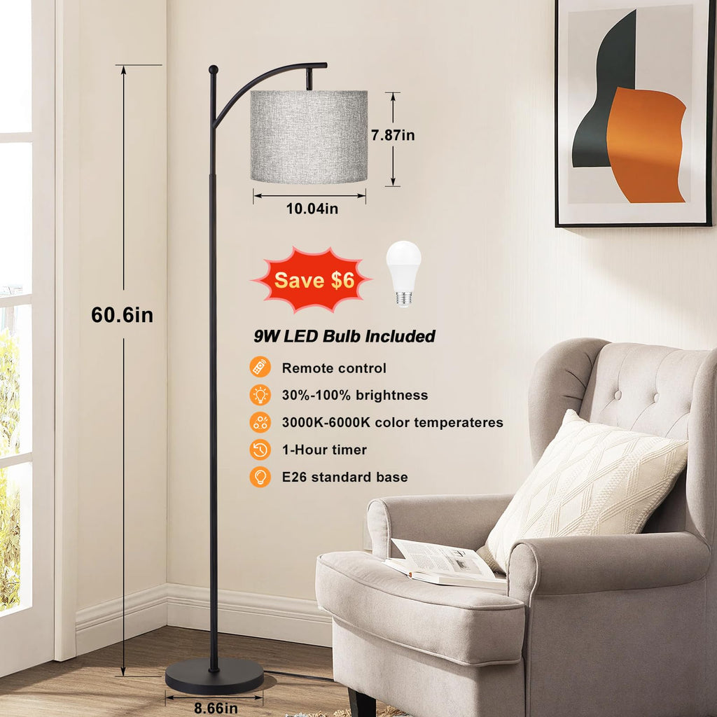 60" Floor Lamp with Remote and Stepless Dimmable Bulb, Grey Shade