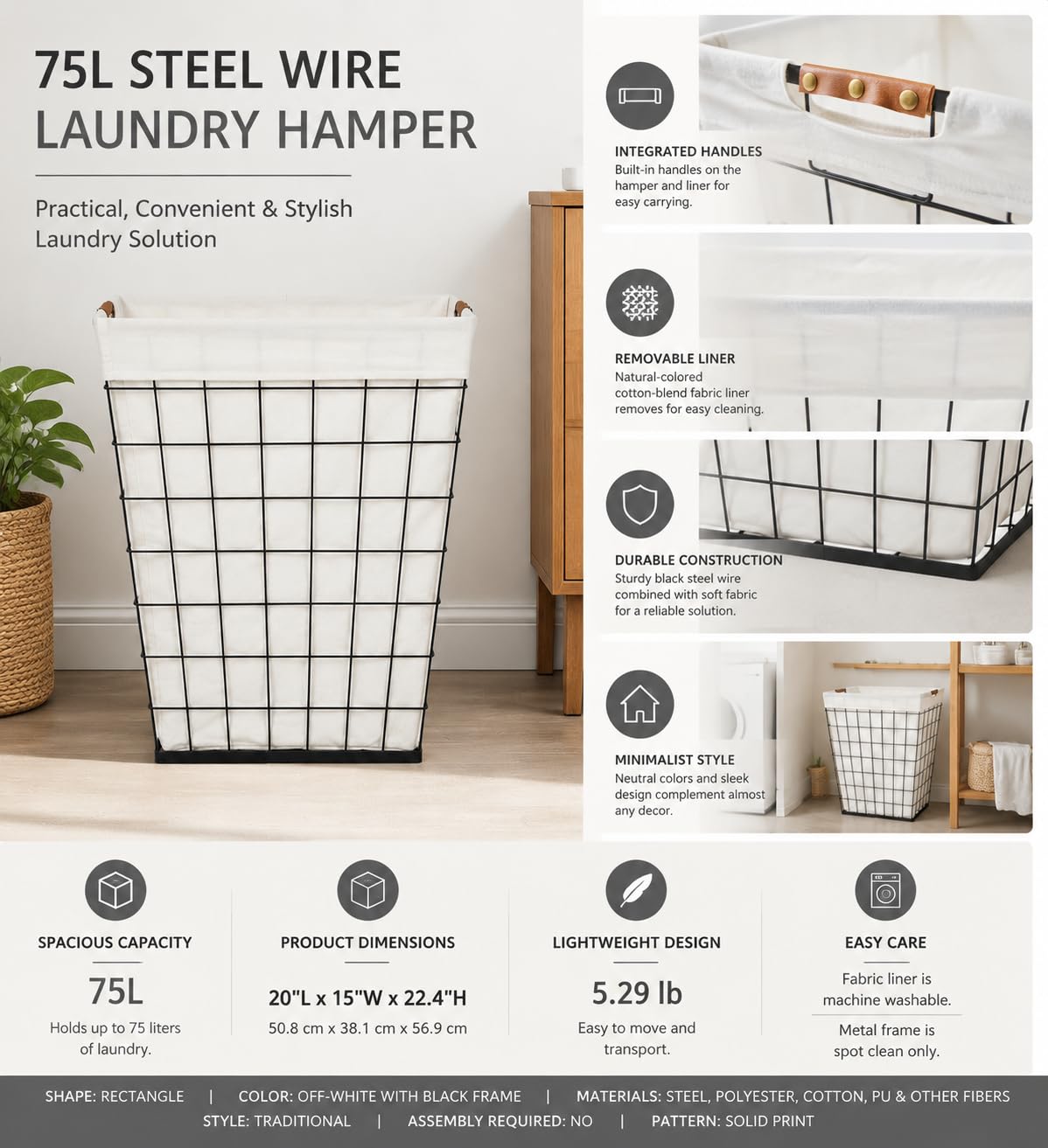 Steel Wire Laundry Hamper 75L with Removable Fabric Liner