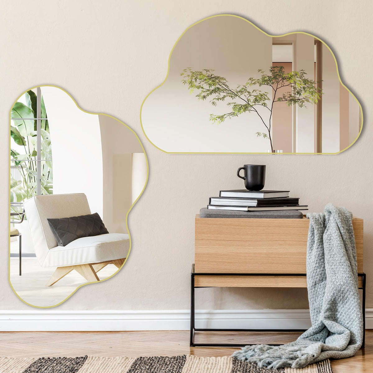 Gold Irregular Mirror, 33.5"x20.5" Cloud Shaped Mirrors, Asymmetrical Wall Mirror, Abstract Funky Frameless Mirrors