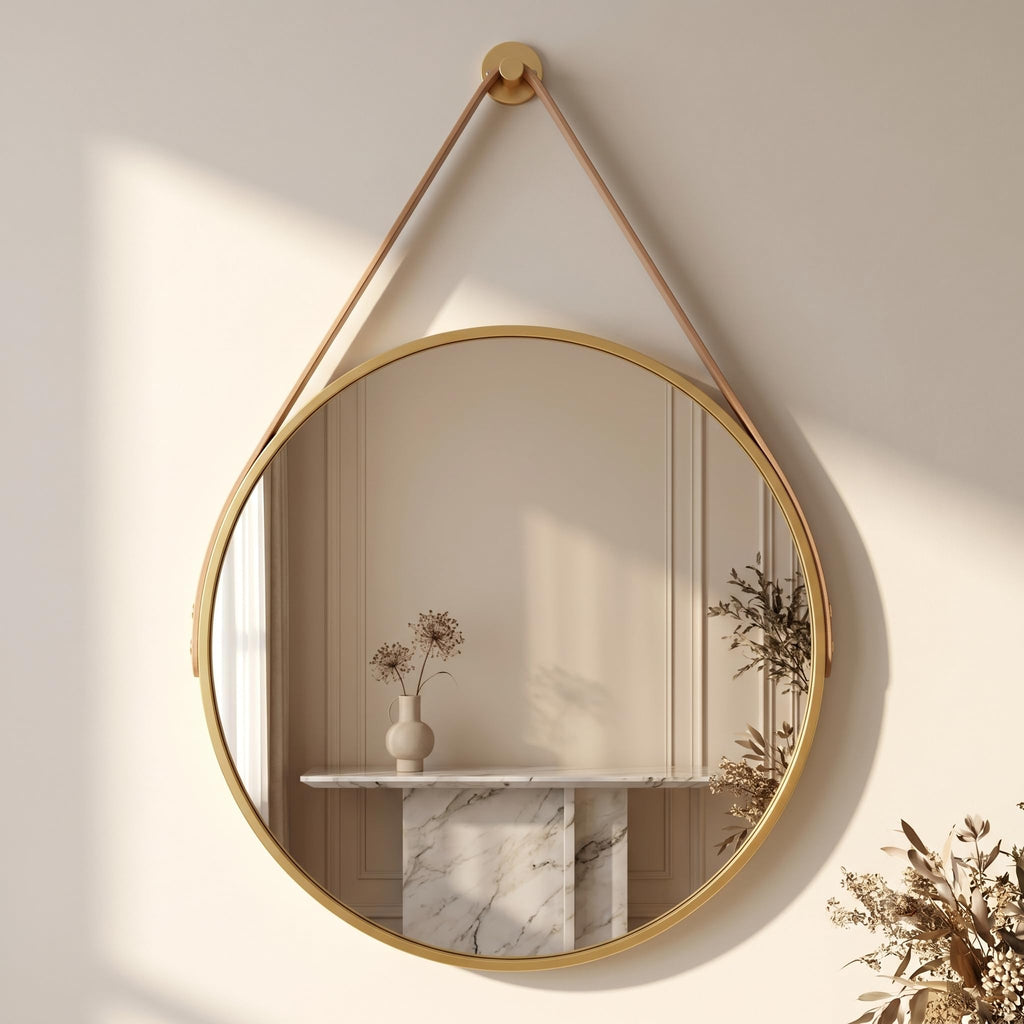 16" Gold Round Mirror, Circle Wall Mirror with Leather Strap