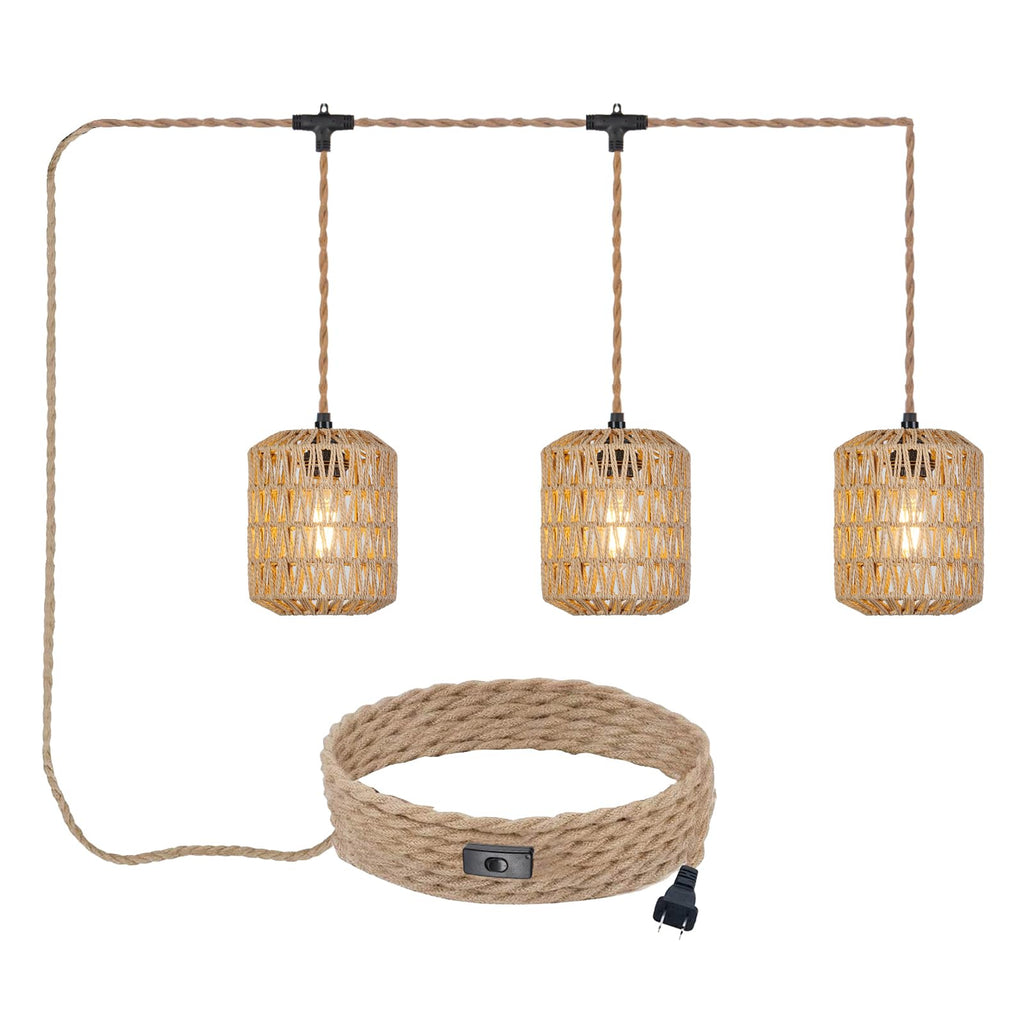 3 Lights Plug in Pendant Light with Cord On/Off Switch Rattan Hanging Lamp with 22ft Hand Woven Wicker Plug in