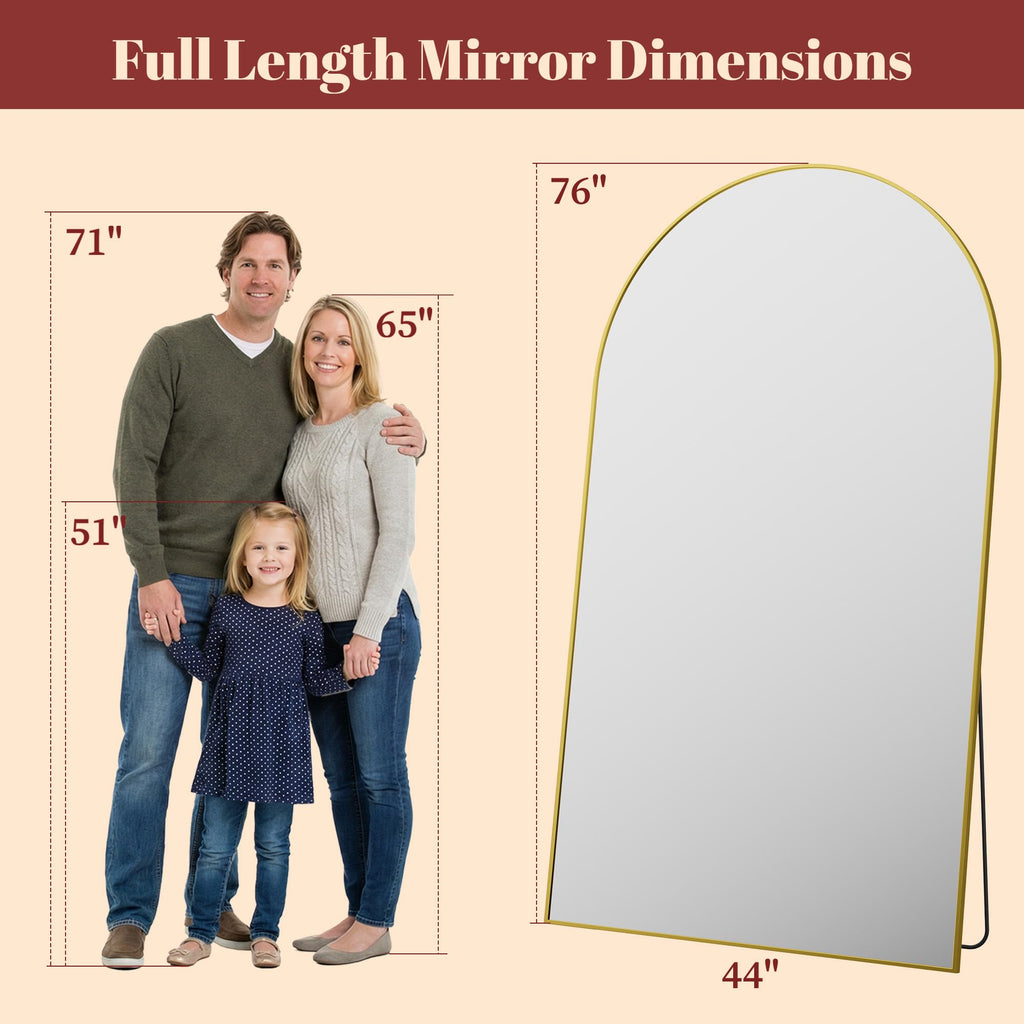 76"x44" Arched Full Length Mirror with Stand, Full Body Mirror with Aluminum Frame
