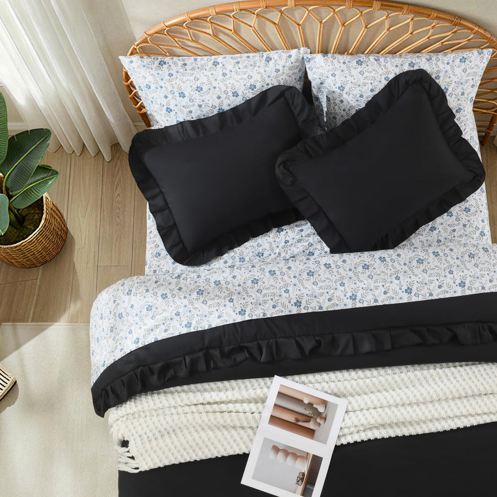 7Pcs Ruffled Black Comforter Set with Floral Sheets