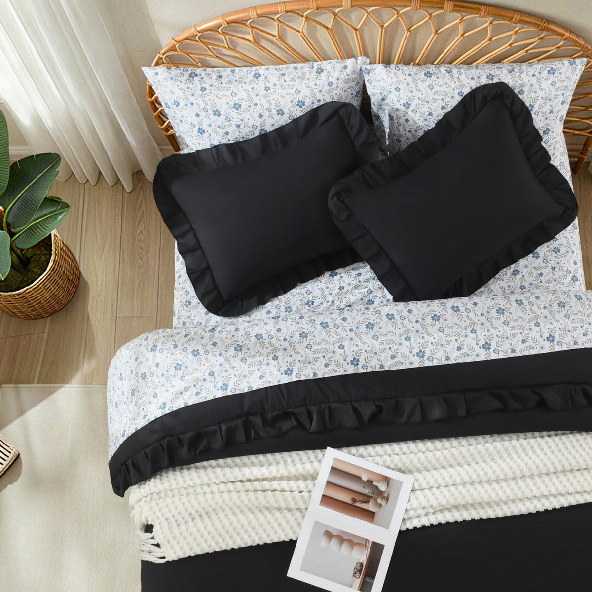 7Pcs Ruffled Black Comforter Set with Floral Sheets