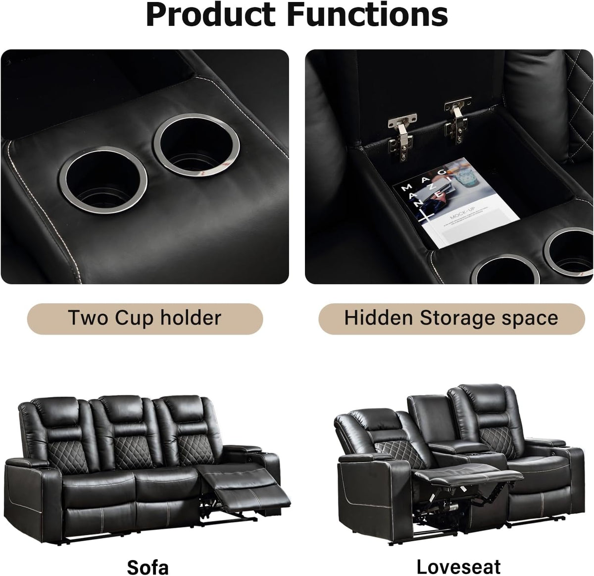 Home Theater Seating Seats, Theater Recliner Chair Sofa, PU Leather 3 seat Power Recliner Sofa with Cup Holders