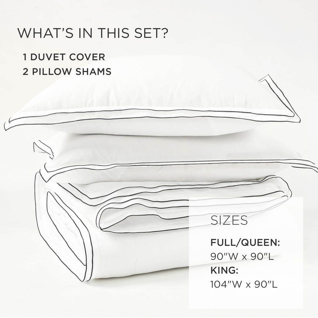 Hampton Double Flange Embroidered Contrast Edge Cotton Duvet Cover Set, 3 Piece Set, White & Black