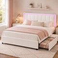 Full Size Bed Frame with Headboard and 4 Storage Drawers, Faux Leather Upholstered Platform Bed with LED Lights