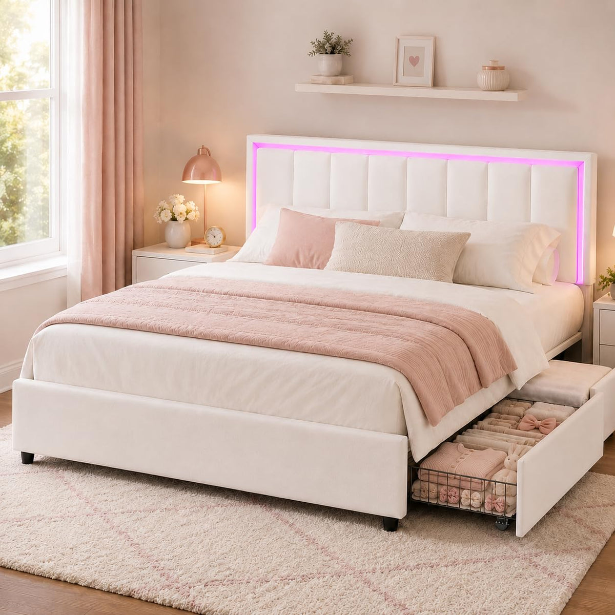 Full Size Bed Frame with Headboard and 4 Storage Drawers, Faux Leather Upholstered Platform Bed with LED Lights