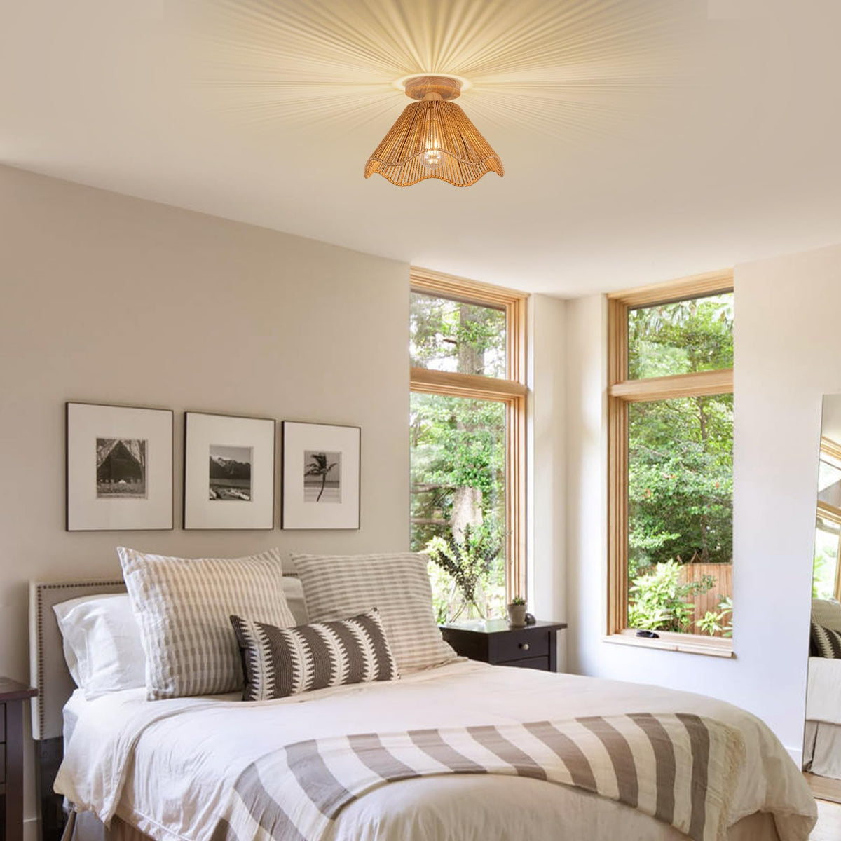 D12.5 Inch Boho Light Fixtures Ceiling Mount Boho Rattan Ceiling Light Flush Mount Mini Chandelier Bedroom Hallway