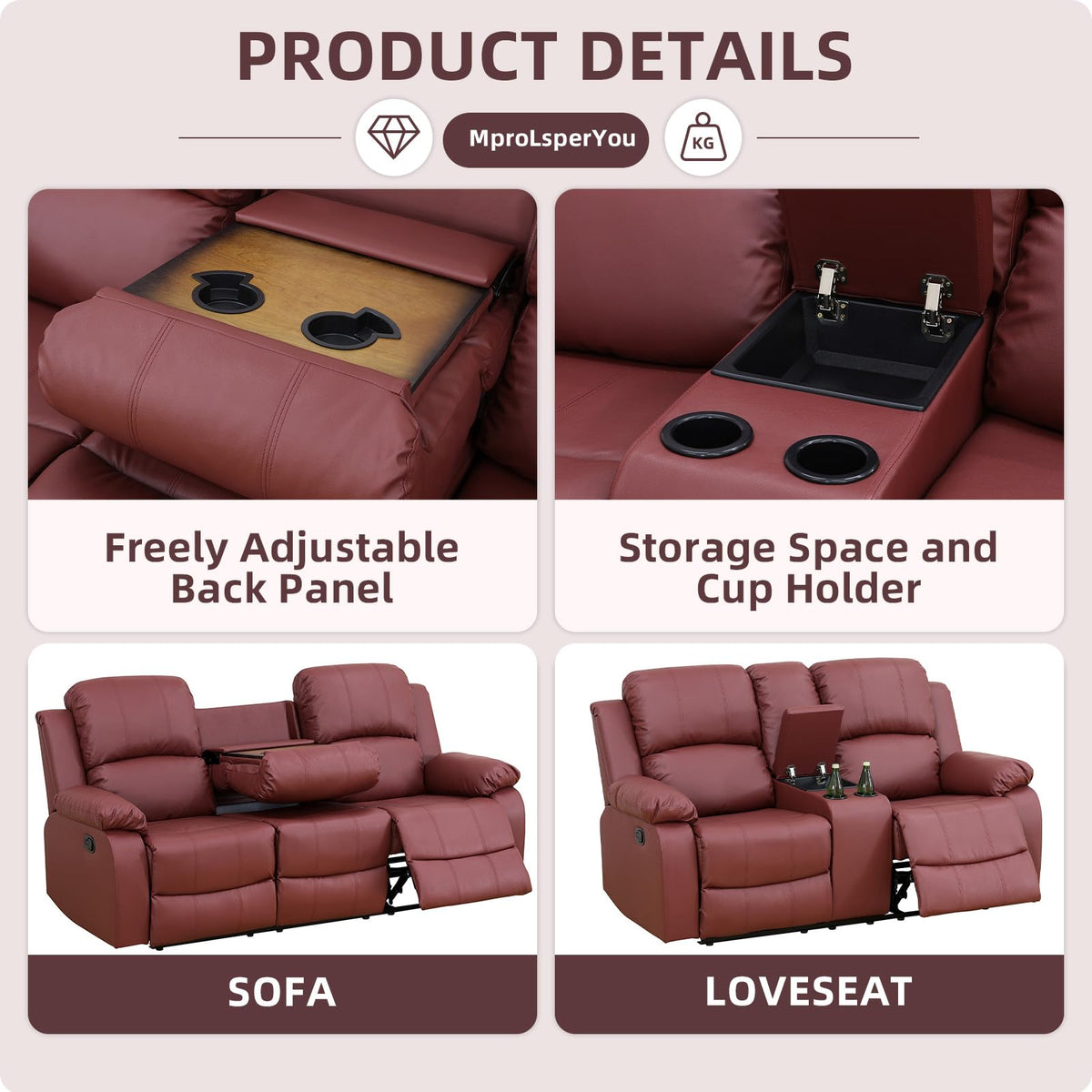 Manual Reclining Couch Sofa Set with Drop-Down Table, 3 Pieces Brown Leather Recliner Couch Sets, Living Room