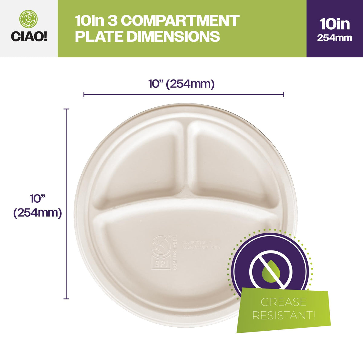 10" Heavy Duty Plate 3 compartment 100% Compostable PFAS Free Unbleached Bagasse Natural White (Pack of 500)