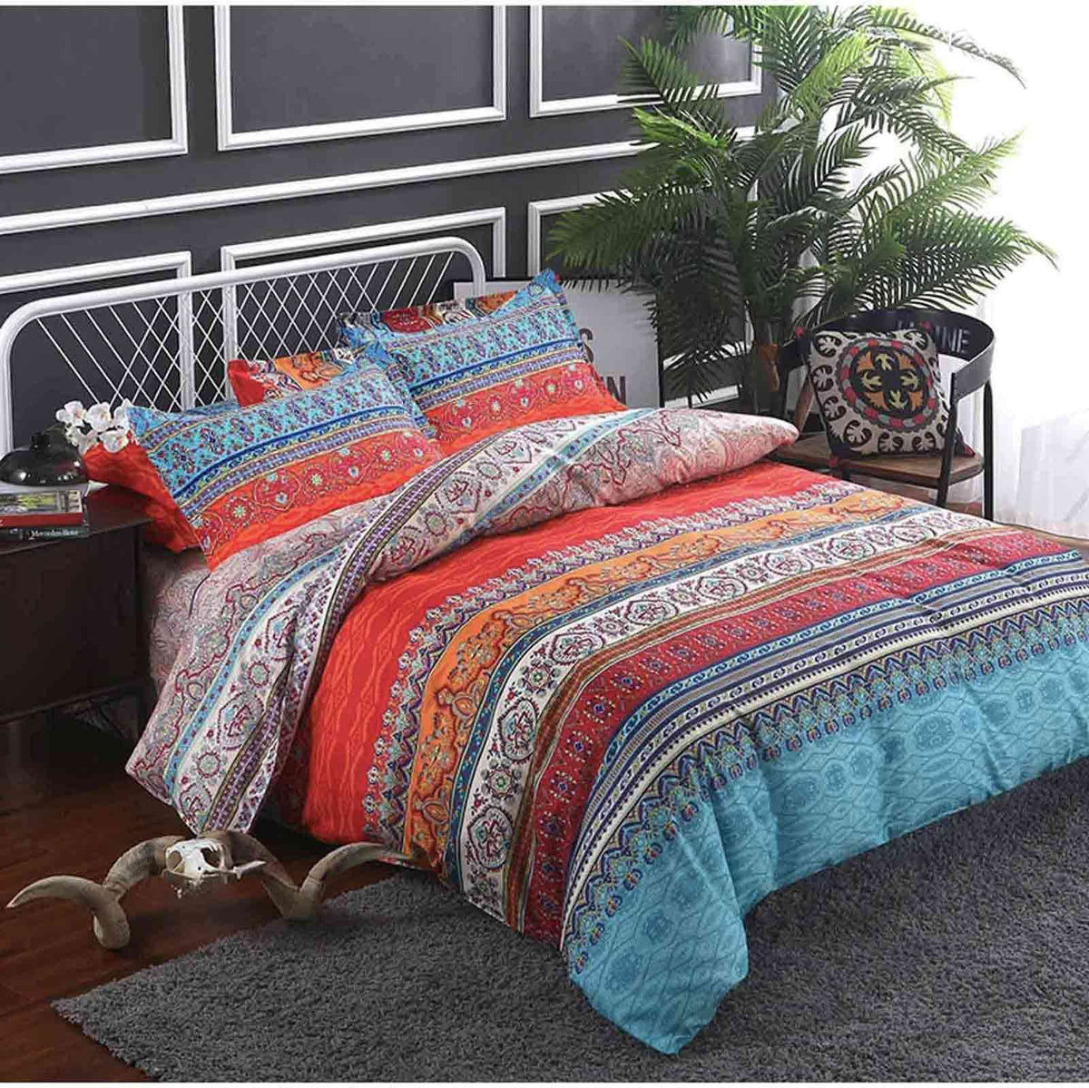 King Duvet Cover Set Boho Colorful Retro Striped Print 3pc 104 x 90 Luxury Soft Microfiber Down Comforter Quilt
