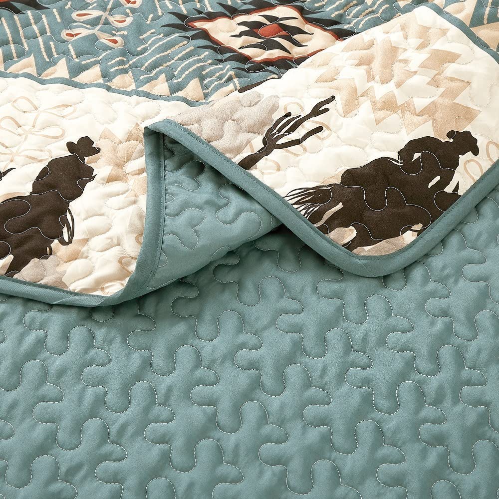 WPM Western Teal/Beige/Burgundy Cowboy Desert Southwestern Print Bedspread 3 Piece west Theme Cabin Lodge Ranch