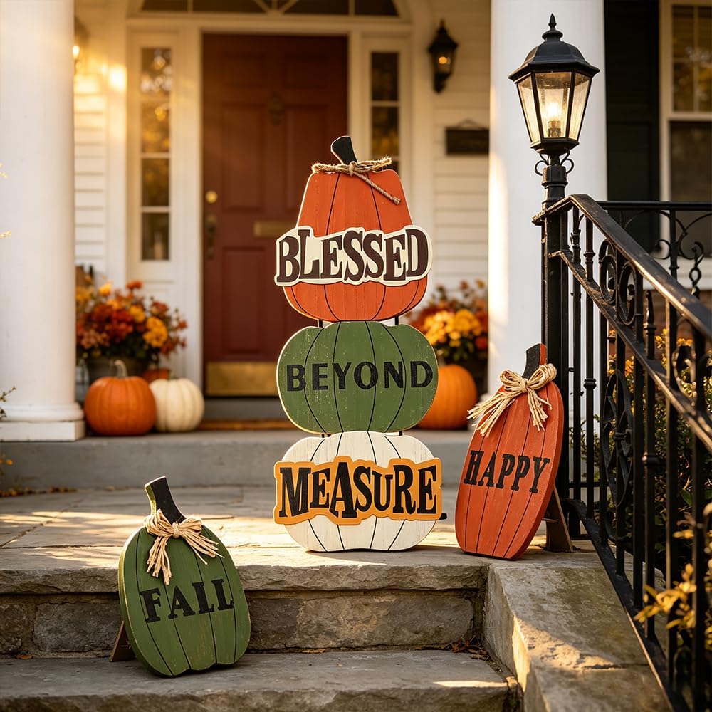 Outdoor Fall Decorations, 3 Pack 24.8" Pumpkin Wood Porch Standings with HAPPY FALL Lettered for Fall Decor, Welcome