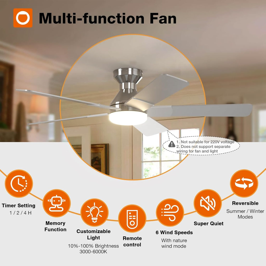 52" Nickel Indoor/Outdoor Flush Mount Ceiling Fan with Light & Remote