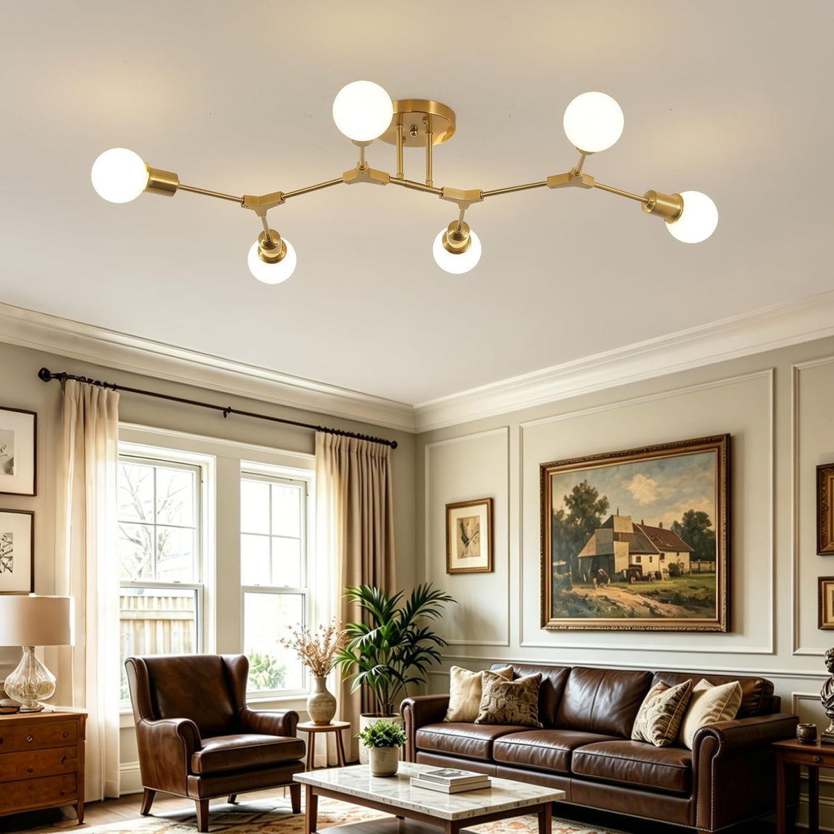 6-Light Mid-Century Modern Semi-Flush Mount Ceiling Chandelier for Living Rooms