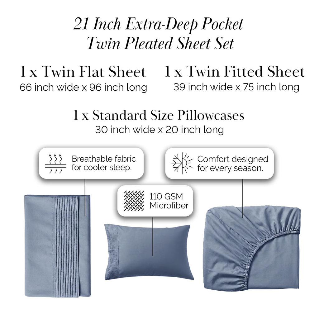Embroidered Hem Deep Pocket Sheet Set Soft 2 Pillow Cases Slate Blue