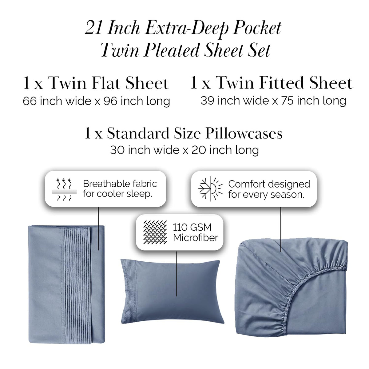 Embroidered Hem Deep Pocket Sheet Set Soft 2 Pillow Cases Slate Blue