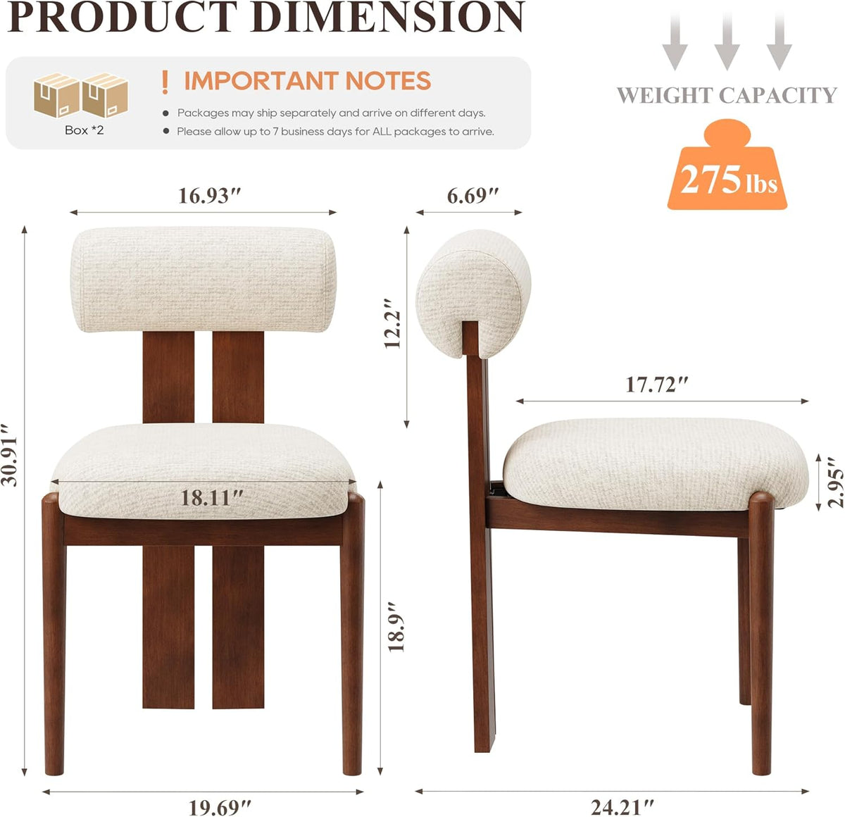 Modern Wooden Dining Chairs Set of 4, Upholstered Fabric Kitchen Chairs with Sculptural Backrest, Mid-Century