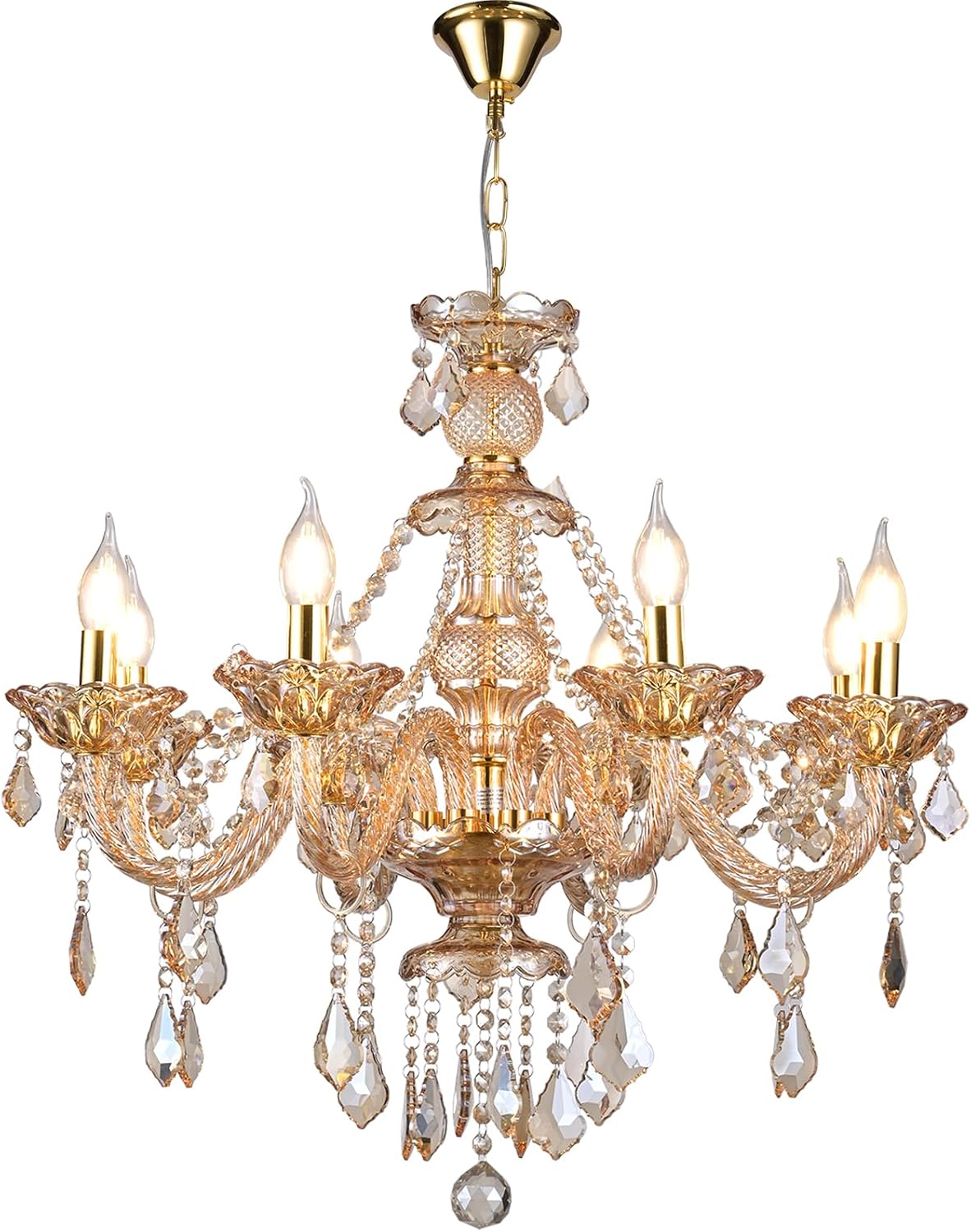 Eight-Light Amber K9 Crystal Chandelier with Modern Candelabra Frame