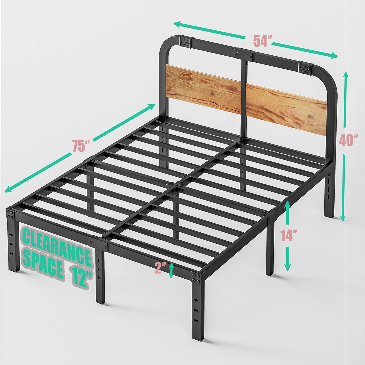 Full Size Metal Bed Frame with Solid Wooden Headboard, Country Style Bed Platform, 14 Inch High Heavy Duty Steel